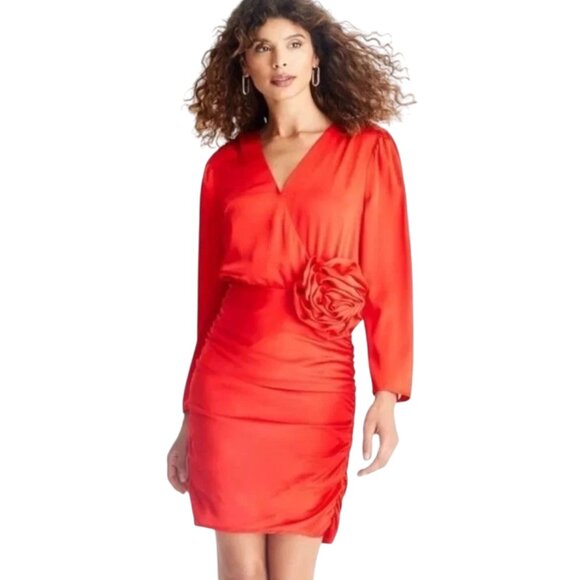 Long Sleeve Rosette Mini Dress - Future Collective Red, Size: 6 - Picture 1 of 8